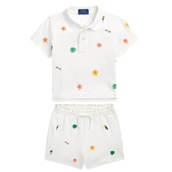 POLO RALPH LAUREN GIRLS TROPICAL EMBROIDERY MESH POLO SHIRT AND SHORT